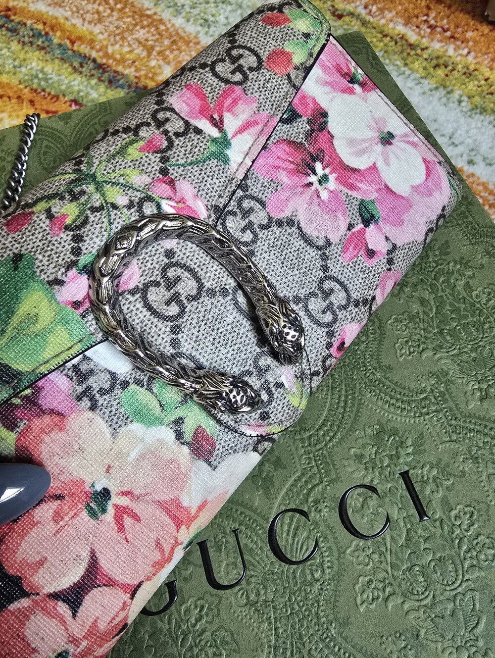 Authentic Gucci Floral Print Chain Wallet in Pink and Green